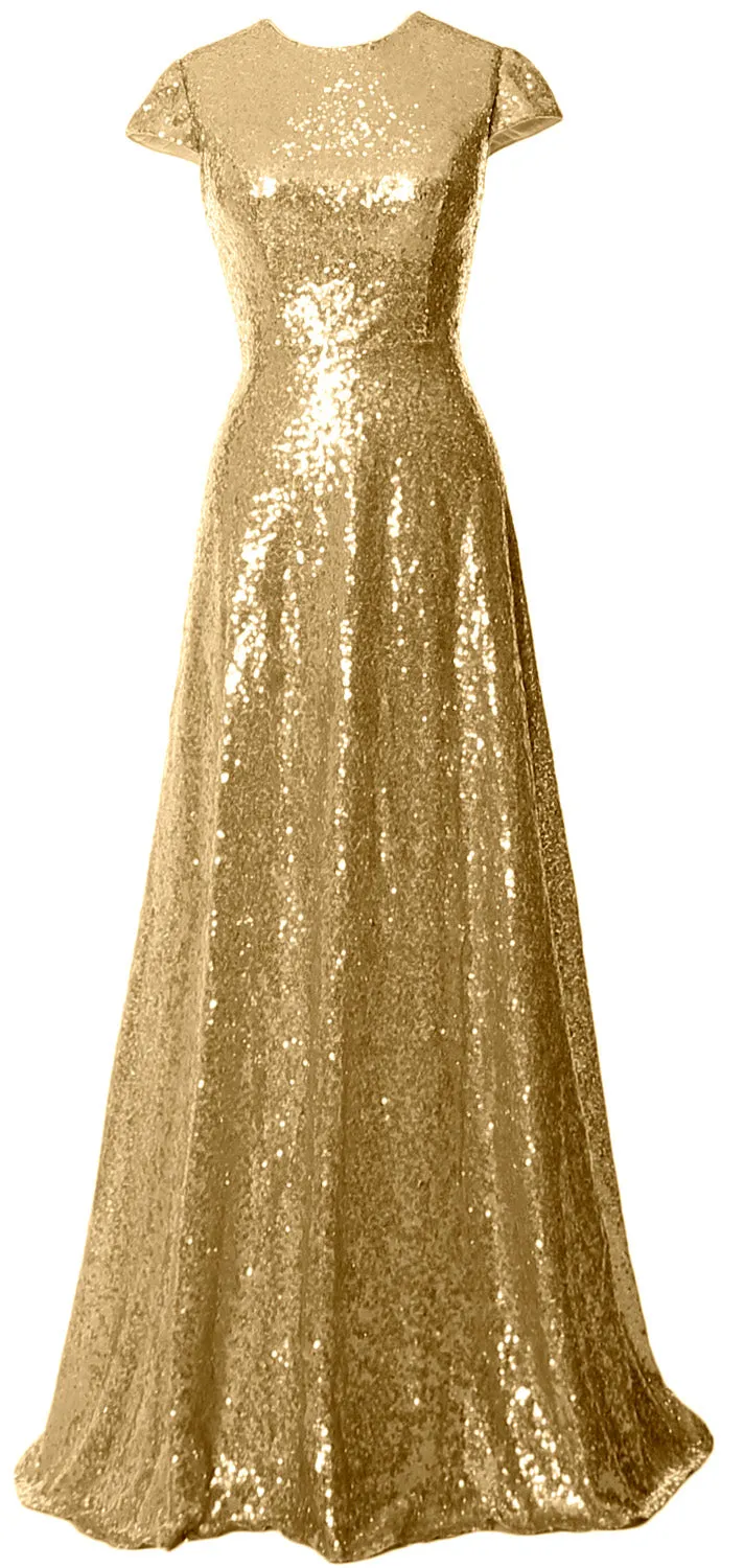 MACloth Women Cap Sleeves Long Sequin Mother Bride Dresses Bridesmaid BD