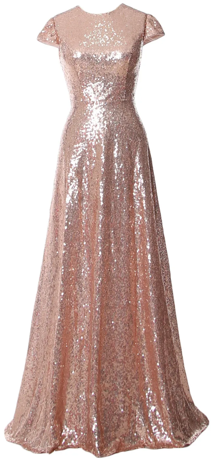 MACloth Women Cap Sleeves Long Sequin Mother Bride Dresses Bridesmaid BD