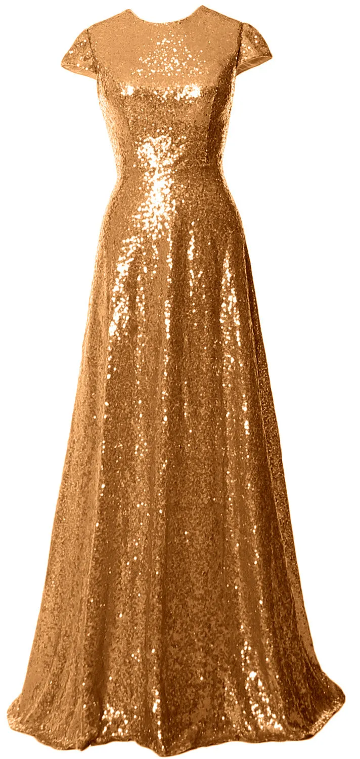 MACloth Women Cap Sleeves Long Sequin Mother Bride Dresses Bridesmaid BD