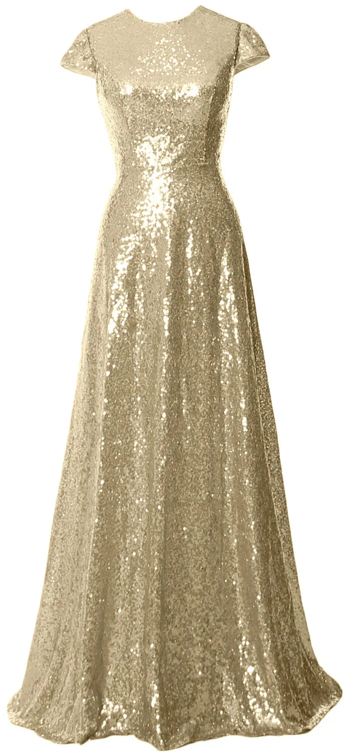 MACloth Women Cap Sleeves Long Sequin Mother Bride Dresses Bridesmaid BD