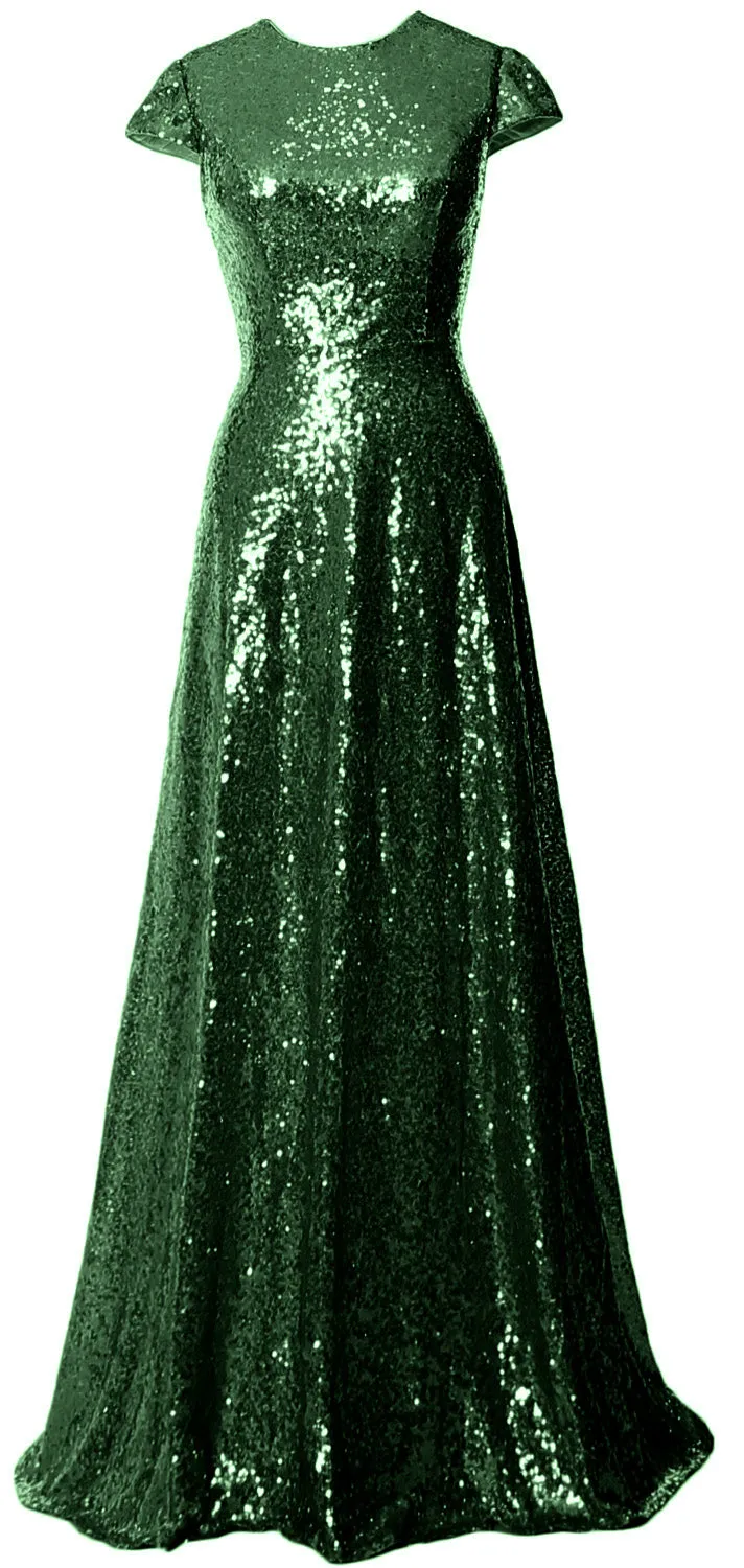 MACloth Women Cap Sleeves Long Sequin Mother Bride Dresses Bridesmaid BD