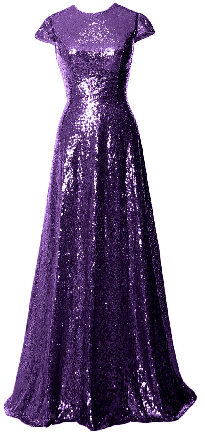 MACloth Women Cap Sleeves Long Sequin Mother Bride Dresses Bridesmaid BD