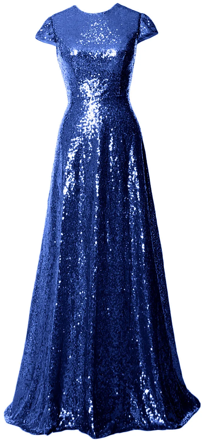 MACloth Women Cap Sleeves Long Sequin Mother Bride Dresses Bridesmaid BD