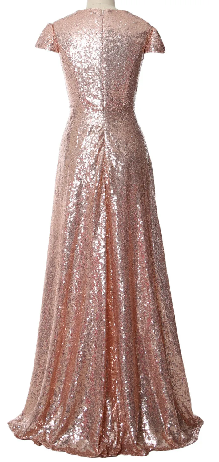 MACloth Women Cap Sleeves Long Sequin Mother Bride Dresses Bridesmaid BD