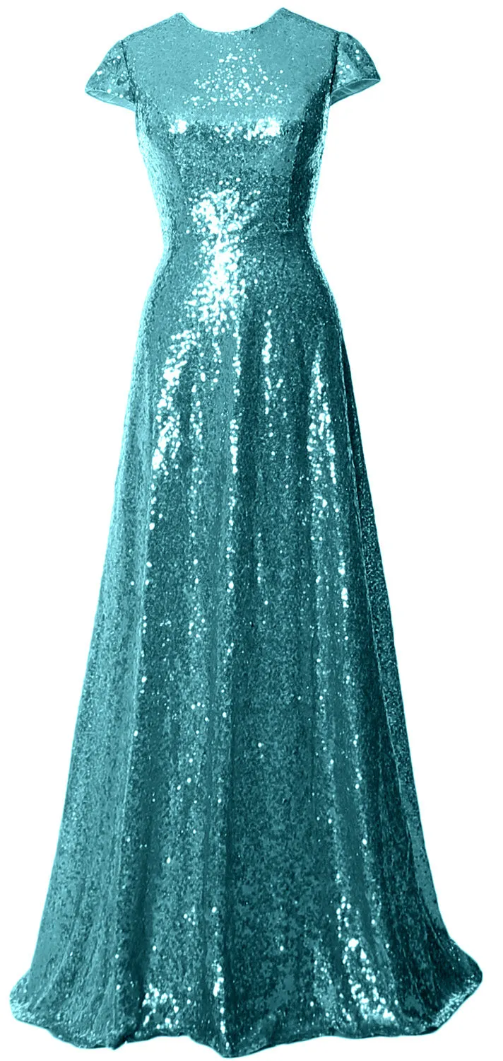 MACloth Women Cap Sleeves Long Sequin Mother Bride Dresses Bridesmaid BD