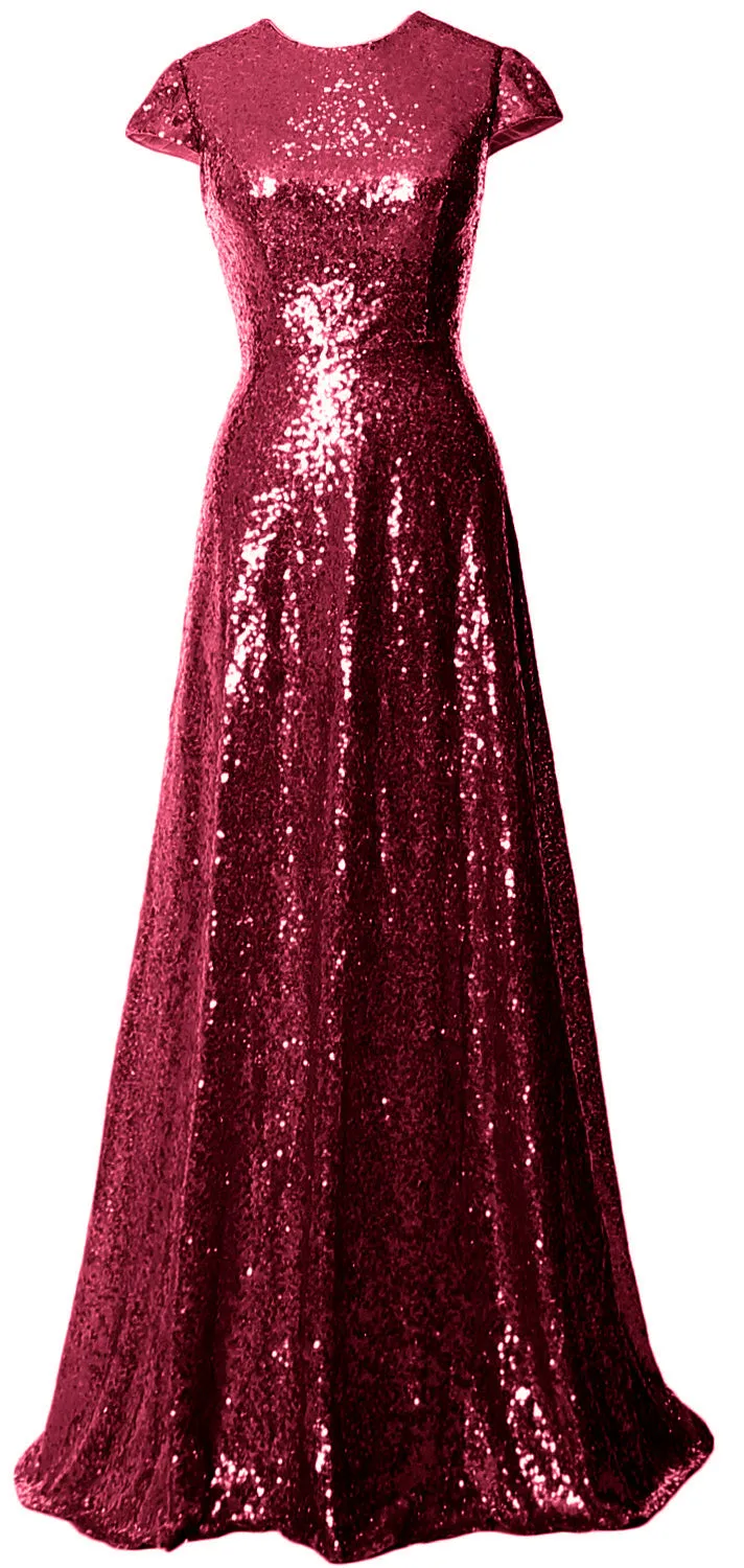 MACloth Women Cap Sleeves Long Sequin Mother Bride Dresses Bridesmaid BD