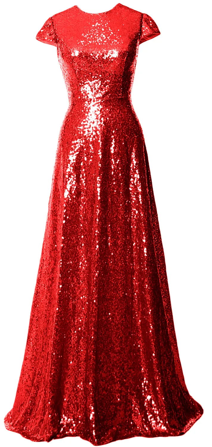 MACloth Women Cap Sleeves Long Sequin Mother Bride Dresses Bridesmaid BD