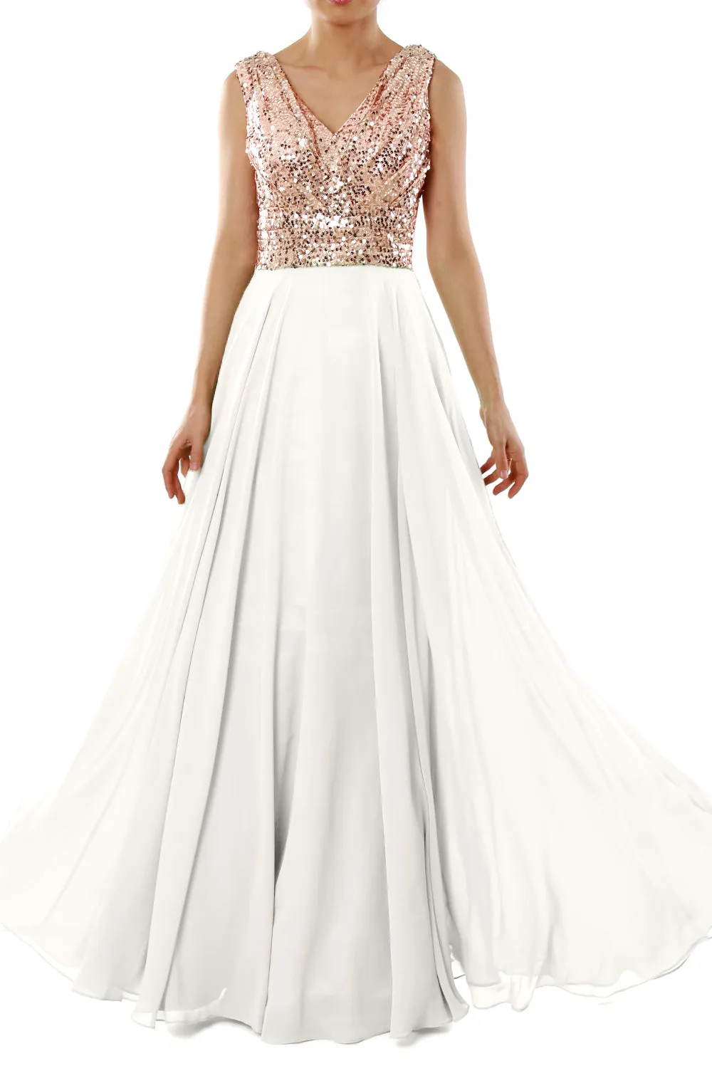 MACloth Women Sleeveless Long Bridesmaid Dresses V Neck Sequin Evening Gown