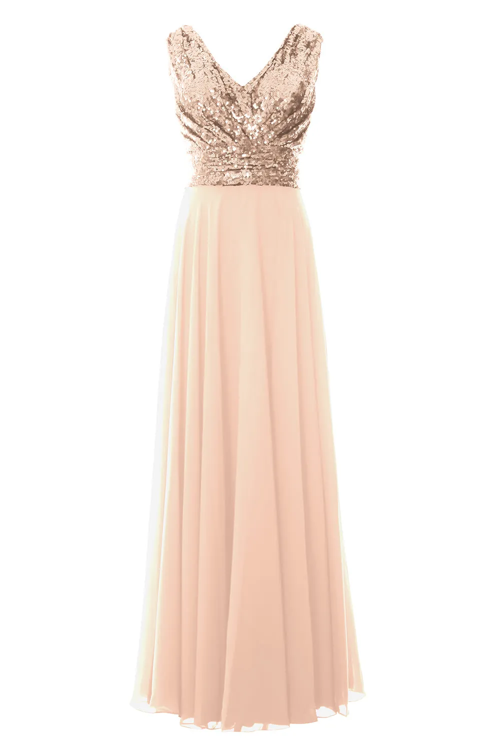 MACloth Women Sleeveless Long Bridesmaid Dresses V Neck Sequin Evening Gown