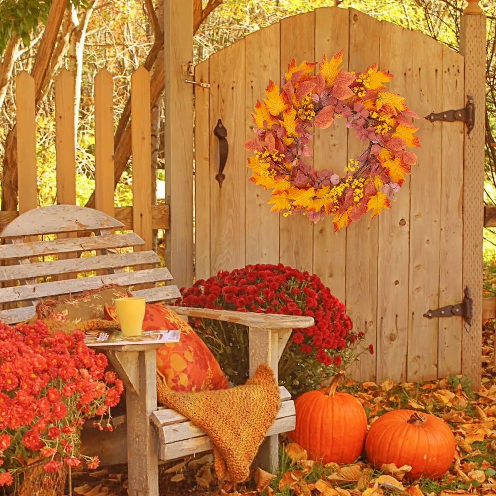 Maple Leaf Autumn Wreath, Artificial Fall Garland Door Wreaths for Front Door 20 inch