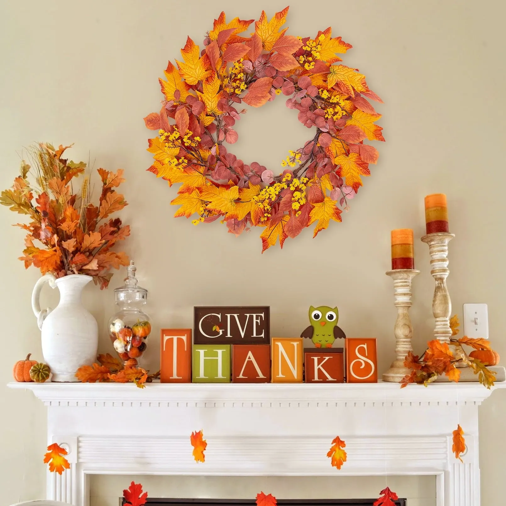 Maple Leaf Autumn Wreath, Artificial Fall Garland Door Wreaths for Front Door 20 inch