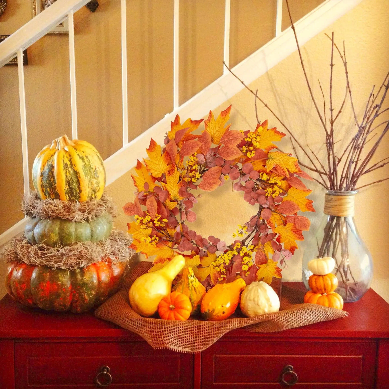 Maple Leaf Autumn Wreath, Artificial Fall Garland Door Wreaths for Front Door 20 inch