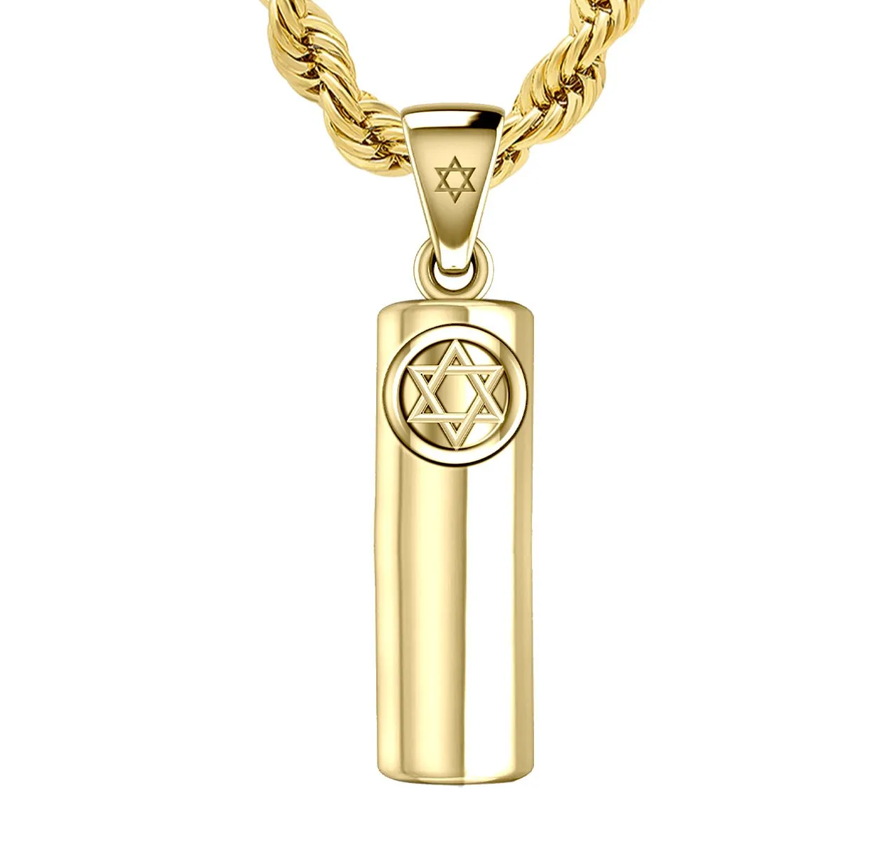 Men's 10K or 14K Yellow Gold Jewish Star of David Mezuzah Pendant Necklace, 30mm