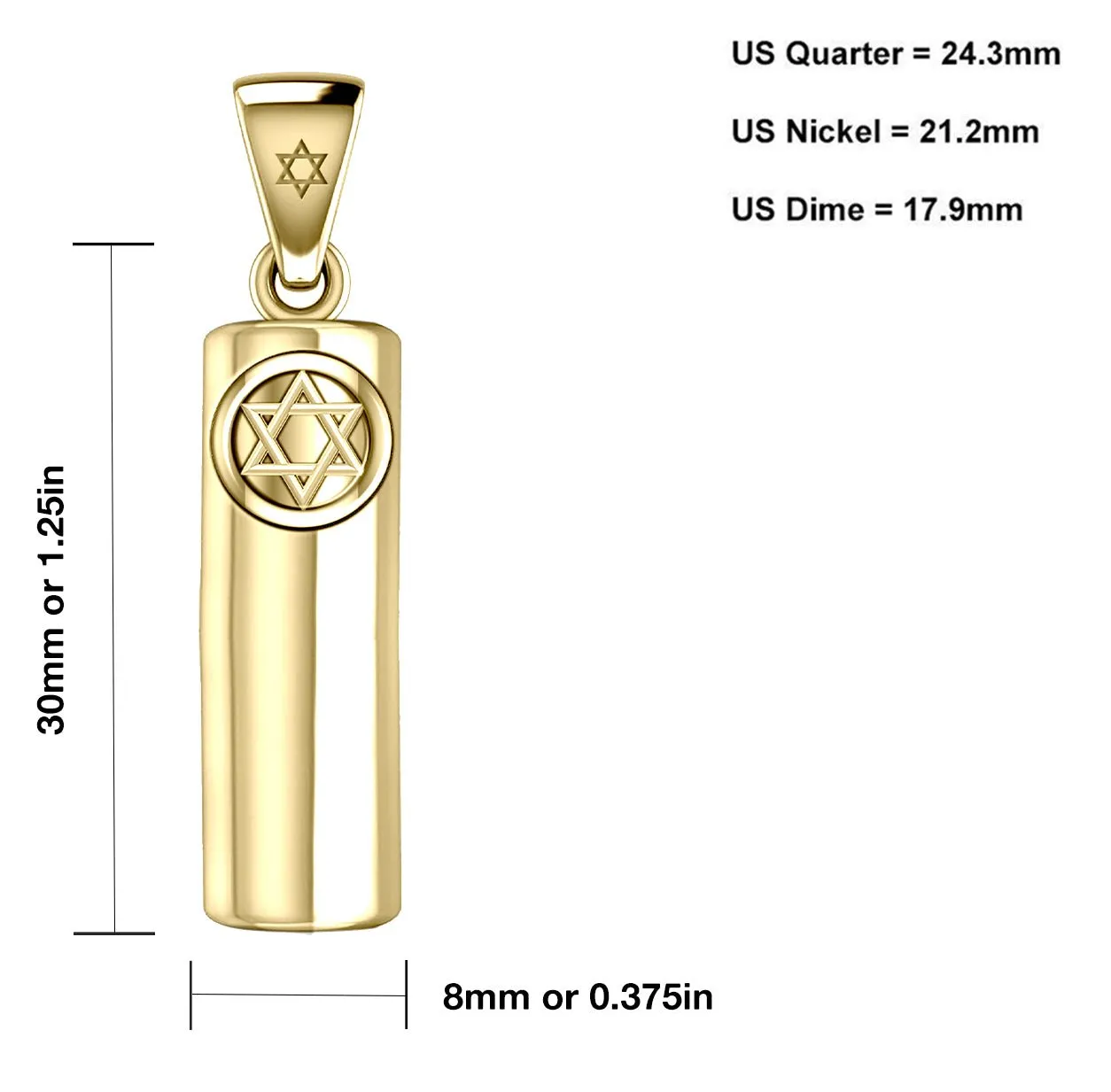 Men's 10K or 14K Yellow Gold Jewish Star of David Mezuzah Pendant Necklace, 30mm