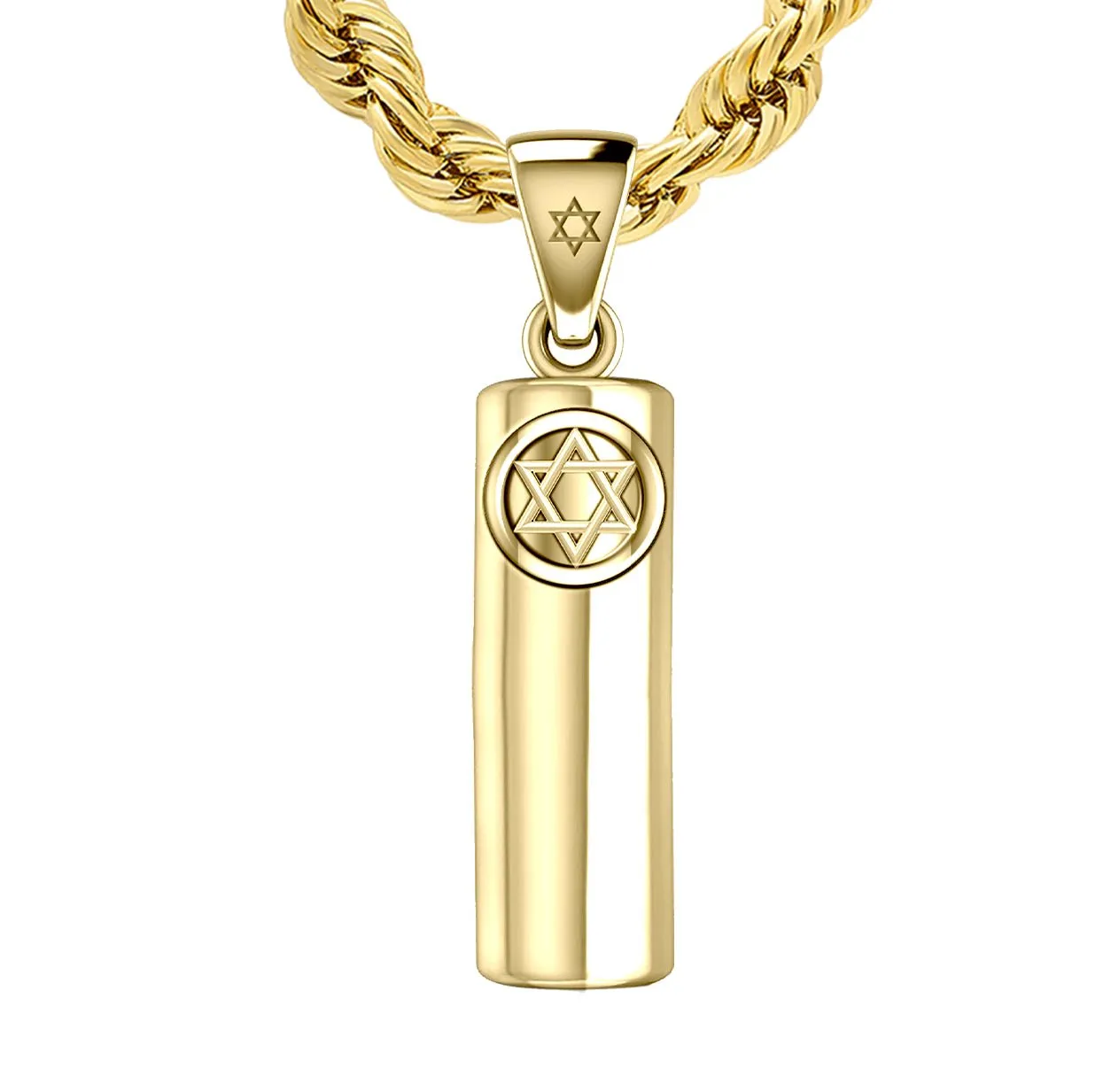 Men's 10K or 14K Yellow Gold Jewish Star of David Mezuzah Pendant Necklace, 30mm
