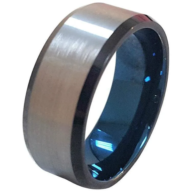 Men's Extra Wide Tungsten Wedding Band With Brushed Center and Ion Plated Blue Inside 10mm