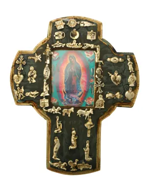 Mexican Hand Painted Cross with Milagros