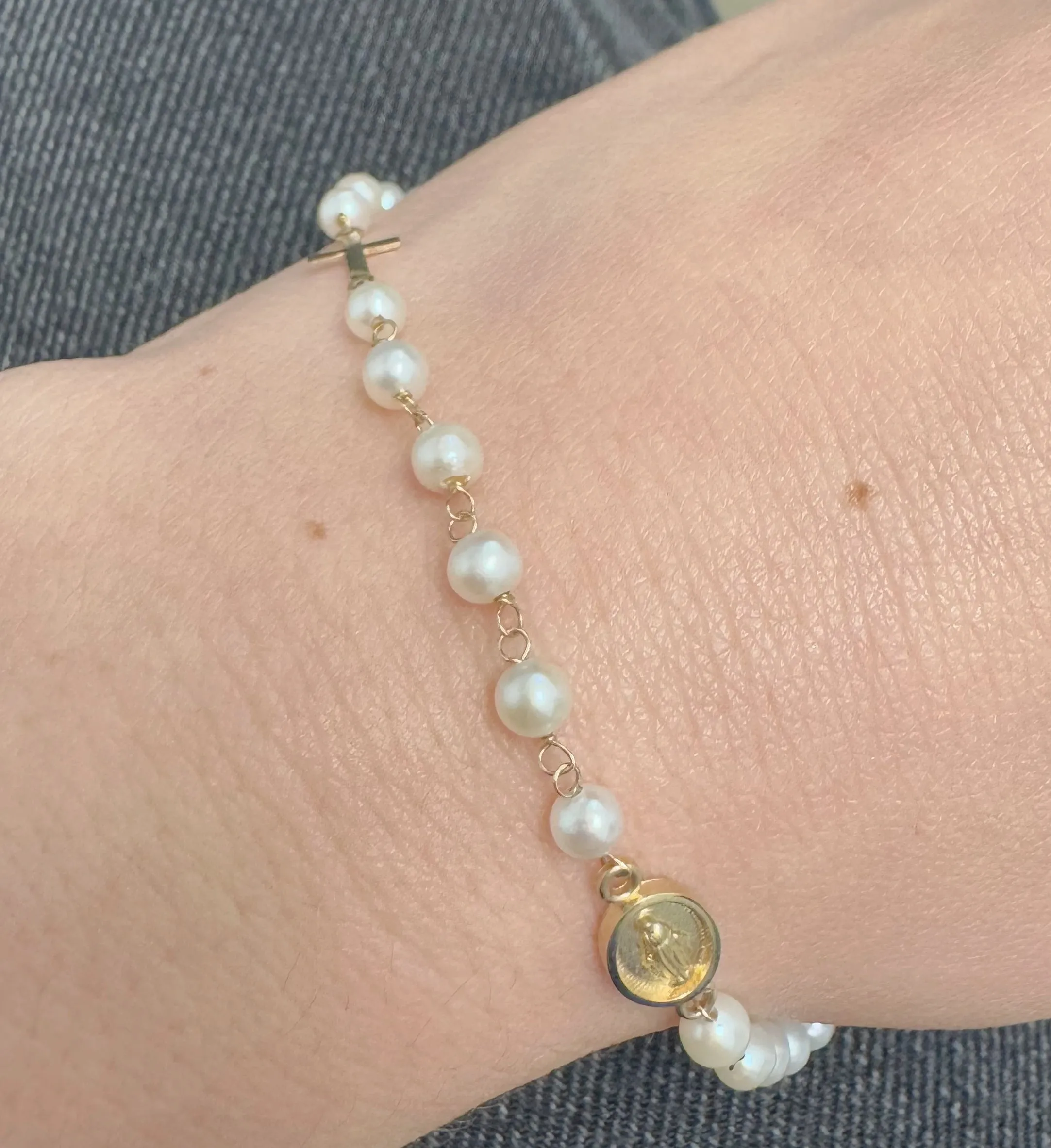 Miraculous Medal & Cross Pearl Bracelet