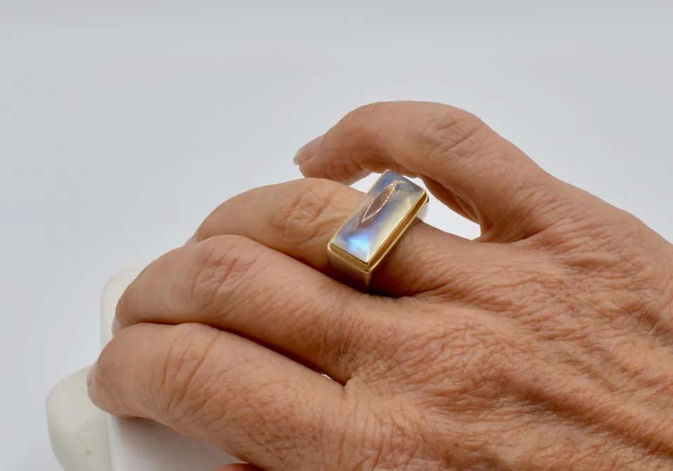 Moonstone Cabochon Bar Set in 18 Karat with Sterling Silver Ring