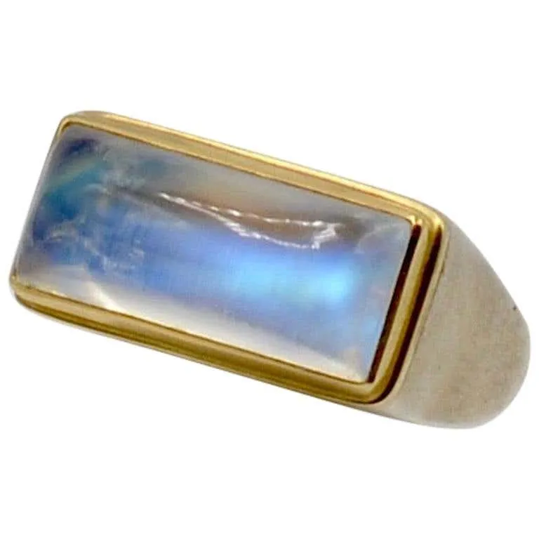 Moonstone Cabochon Bar Set in 18 Karat with Sterling Silver Ring
