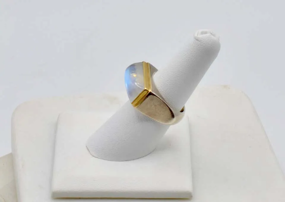 Moonstone Cabochon Bar Set in 18 Karat with Sterling Silver Ring