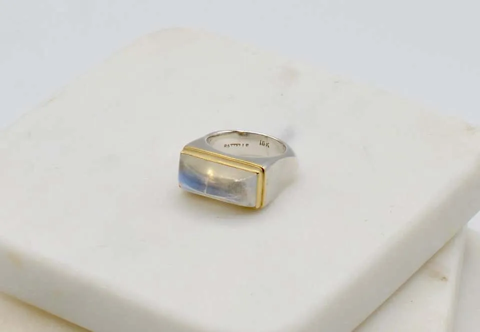 Moonstone Cabochon Bar Set in 18 Karat with Sterling Silver Ring