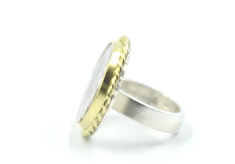 Mother of Pearl Inlay Fossilized Ammonite - Mixed Metals Rings