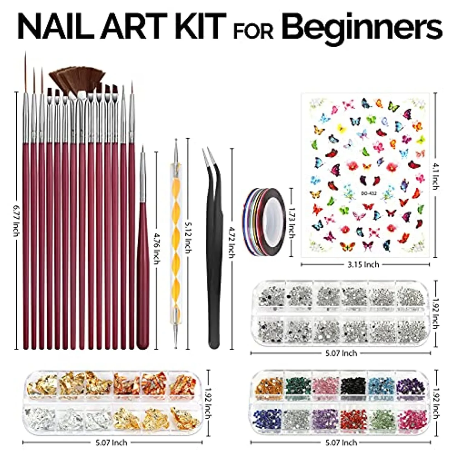 Nail Art Brushes Kit, Teenitor Nail Art Tool with Nail Dotting Tools, 3D Butterfly Nail Art Stickers, Nail Art Rhinestones and Pick Up Tweezer, Nail Foil Flakes, Nail Art Striping Tape