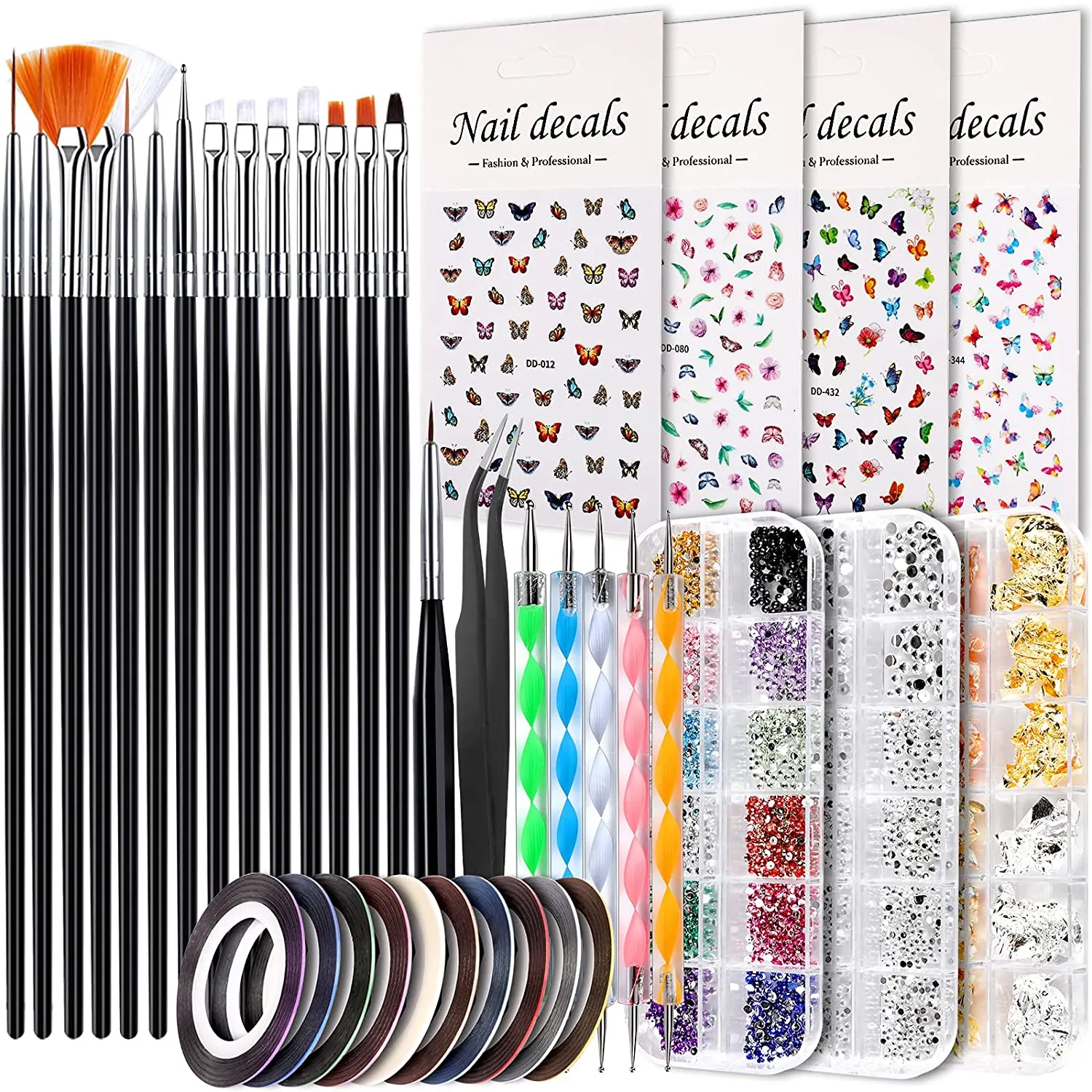 Nail Art Brushes Kit, Teenitor Nail Art Tool with Nail Dotting Tools, 3D Butterfly Nail Art Stickers, Nail Art Rhinestones and Pick Up Tweezer, Nail Foil Flakes, Nail Art Striping Tape
