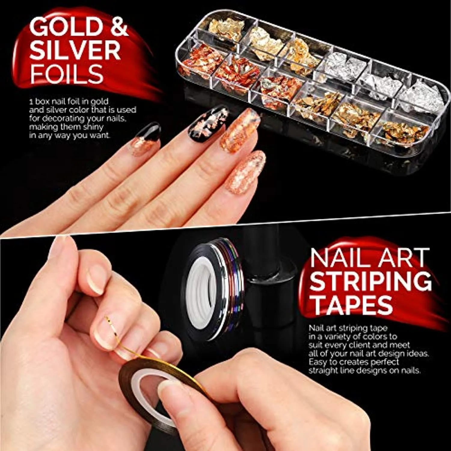 Nail Art Brushes Kit, Teenitor Nail Art Tool with Nail Dotting Tools, 3D Butterfly Nail Art Stickers, Nail Art Rhinestones and Pick Up Tweezer, Nail Foil Flakes, Nail Art Striping Tape