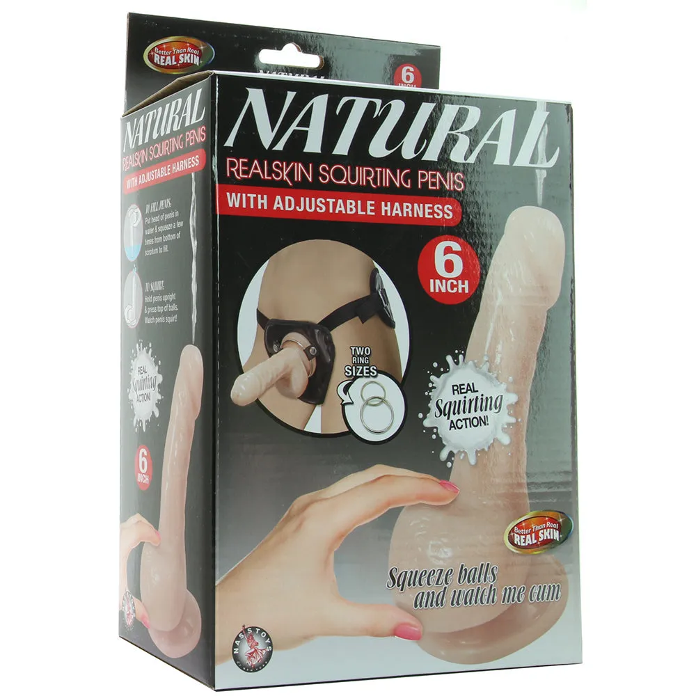 Natural Realskin Squirting Penis W/Adjustable Harness 6in Flesh