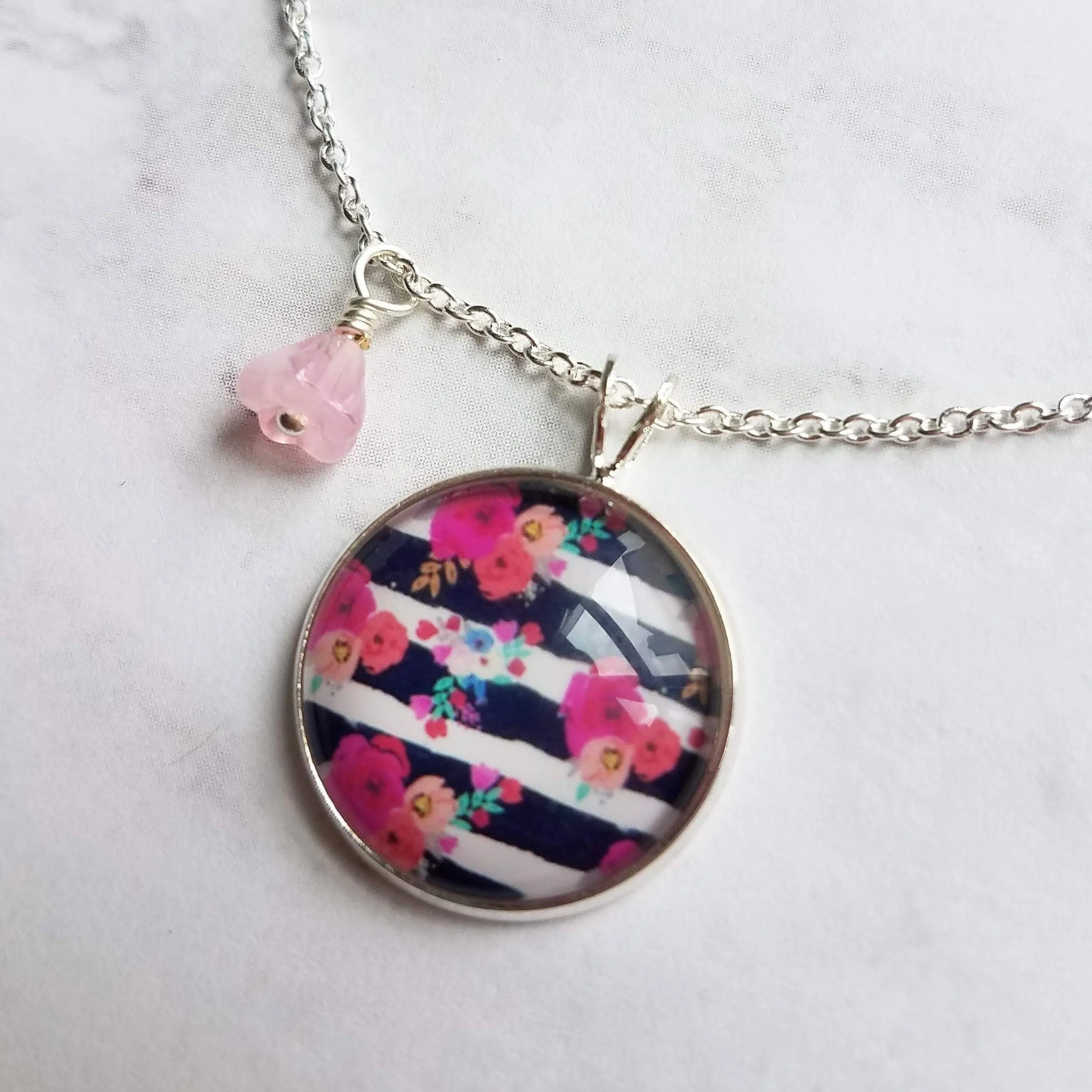 Navy White Stripe Necklace - floral overlay round 1 inch pendant/baby pink glass flower charm - thin silver chain - tween/teen girl gift