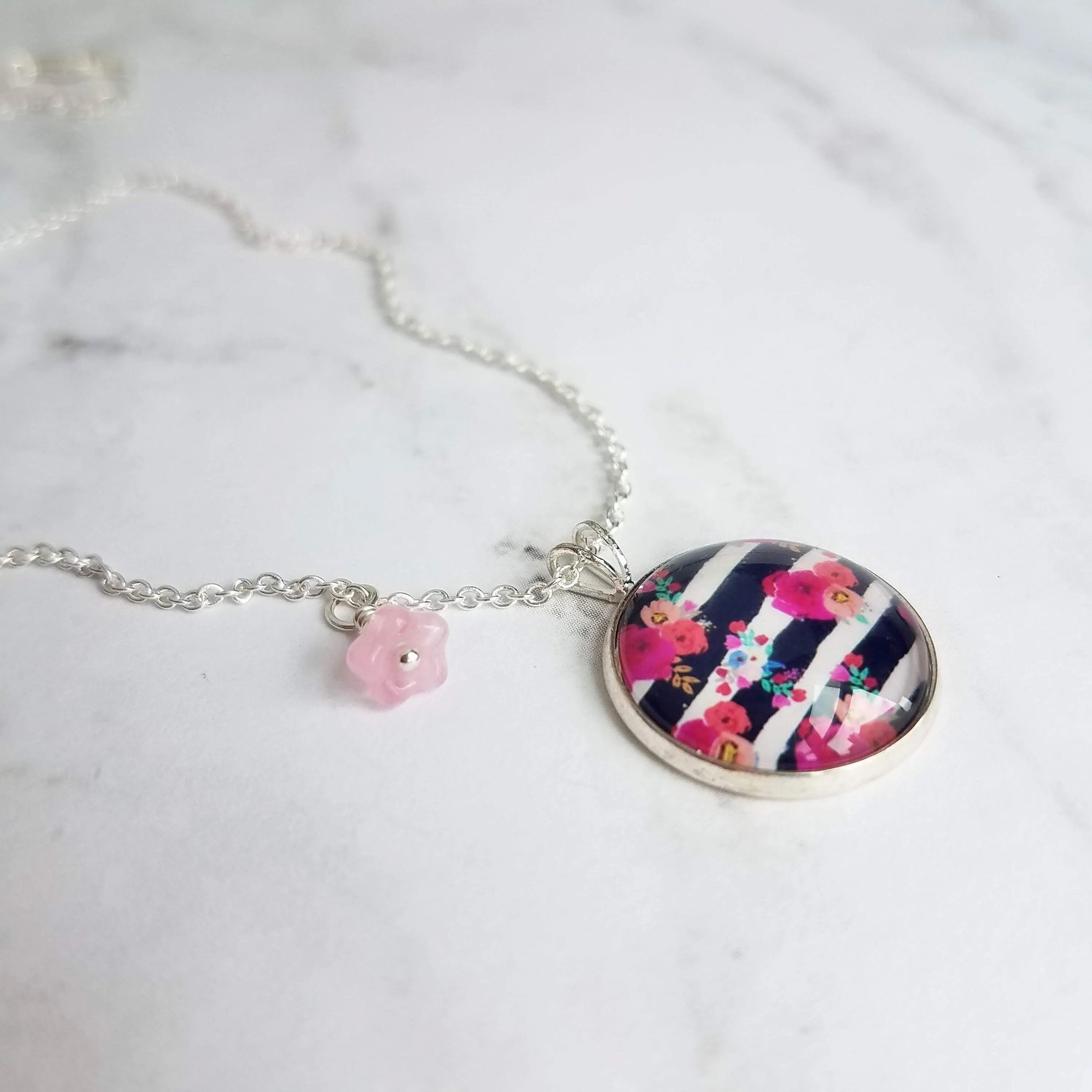 Navy White Stripe Necklace - floral overlay round 1 inch pendant/baby pink glass flower charm - thin silver chain - tween/teen girl gift