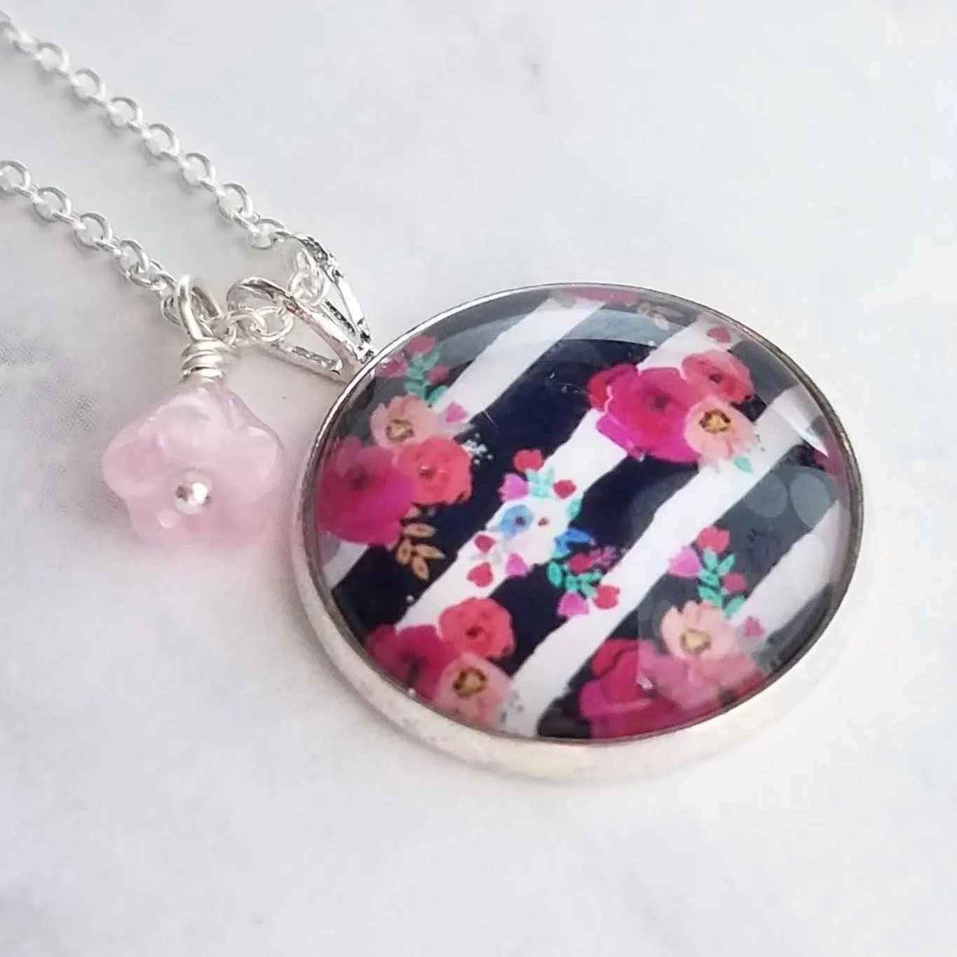 Navy White Stripe Necklace - floral overlay round 1 inch pendant/baby pink glass flower charm - thin silver chain - tween/teen girl gift