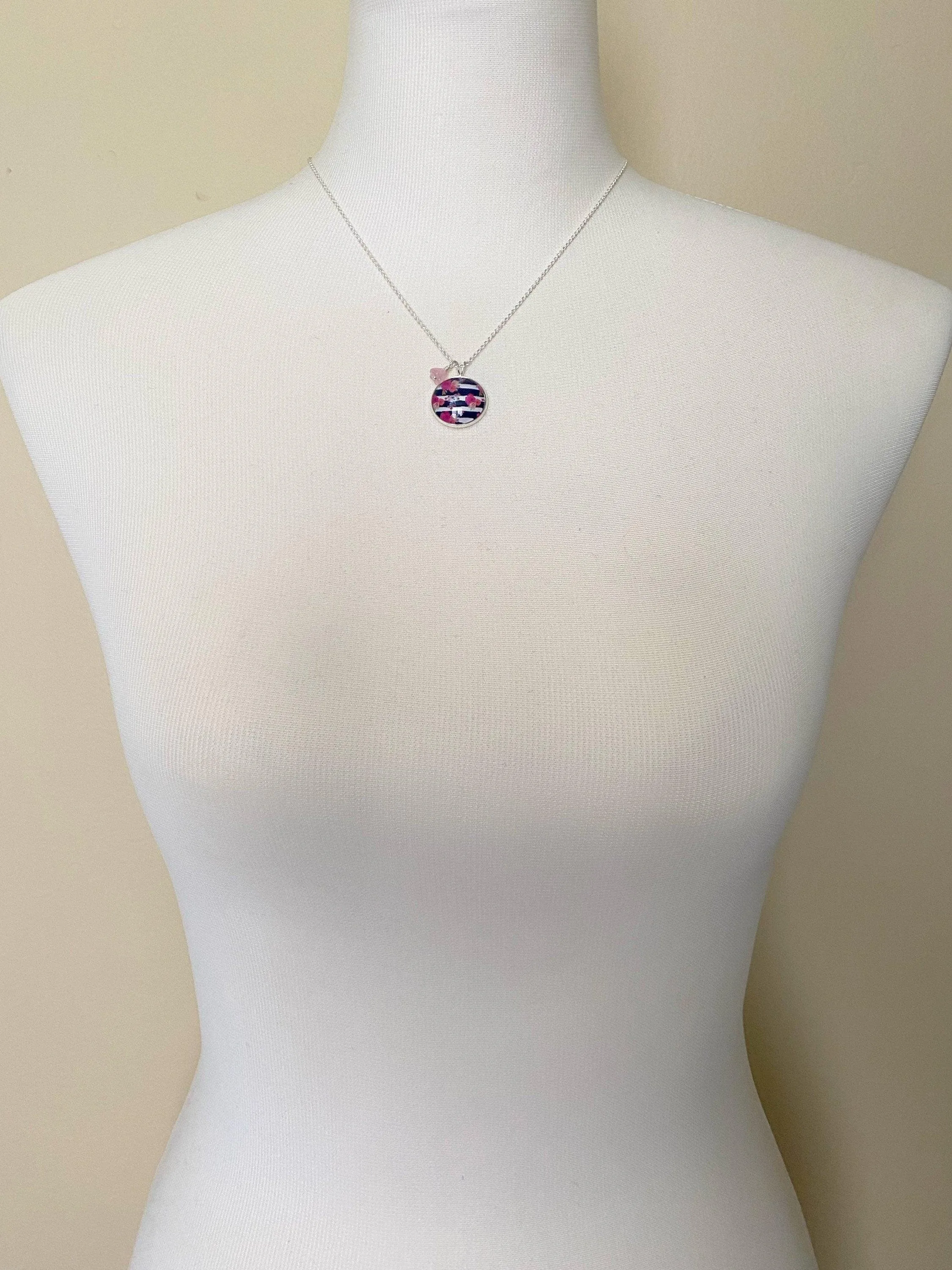 Navy White Stripe Necklace - floral overlay round 1 inch pendant/baby pink glass flower charm - thin silver chain - tween/teen girl gift