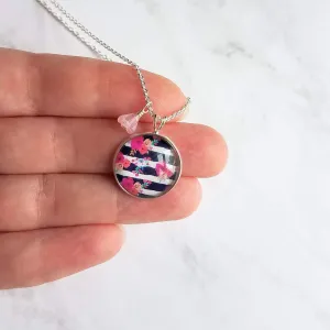 Navy White Stripe Necklace - floral overlay round 1 inch pendant/baby pink glass flower charm - thin silver chain - tween/teen girl gift