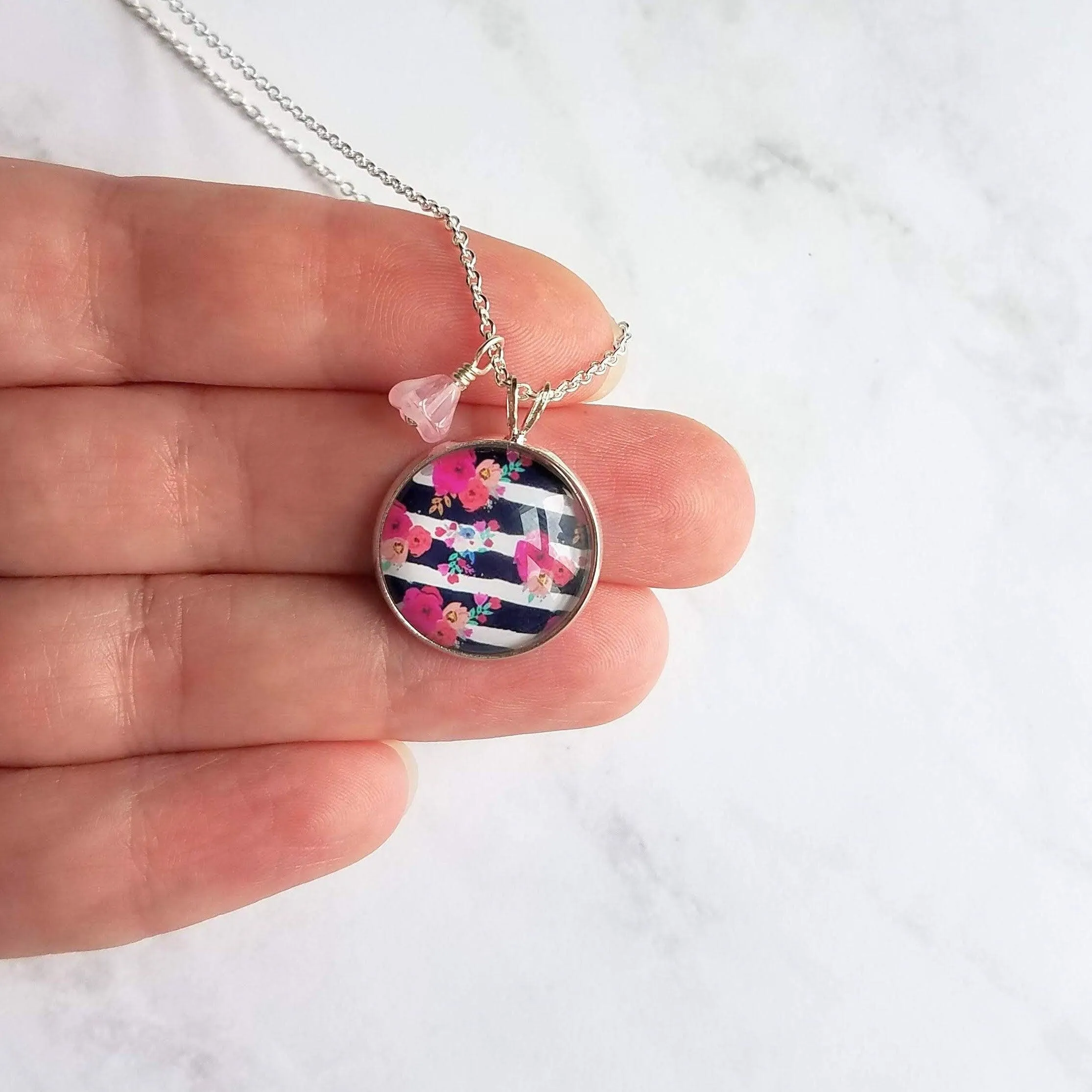 Navy White Stripe Necklace - floral overlay round 1 inch pendant/baby pink glass flower charm - thin silver chain - tween/teen girl gift