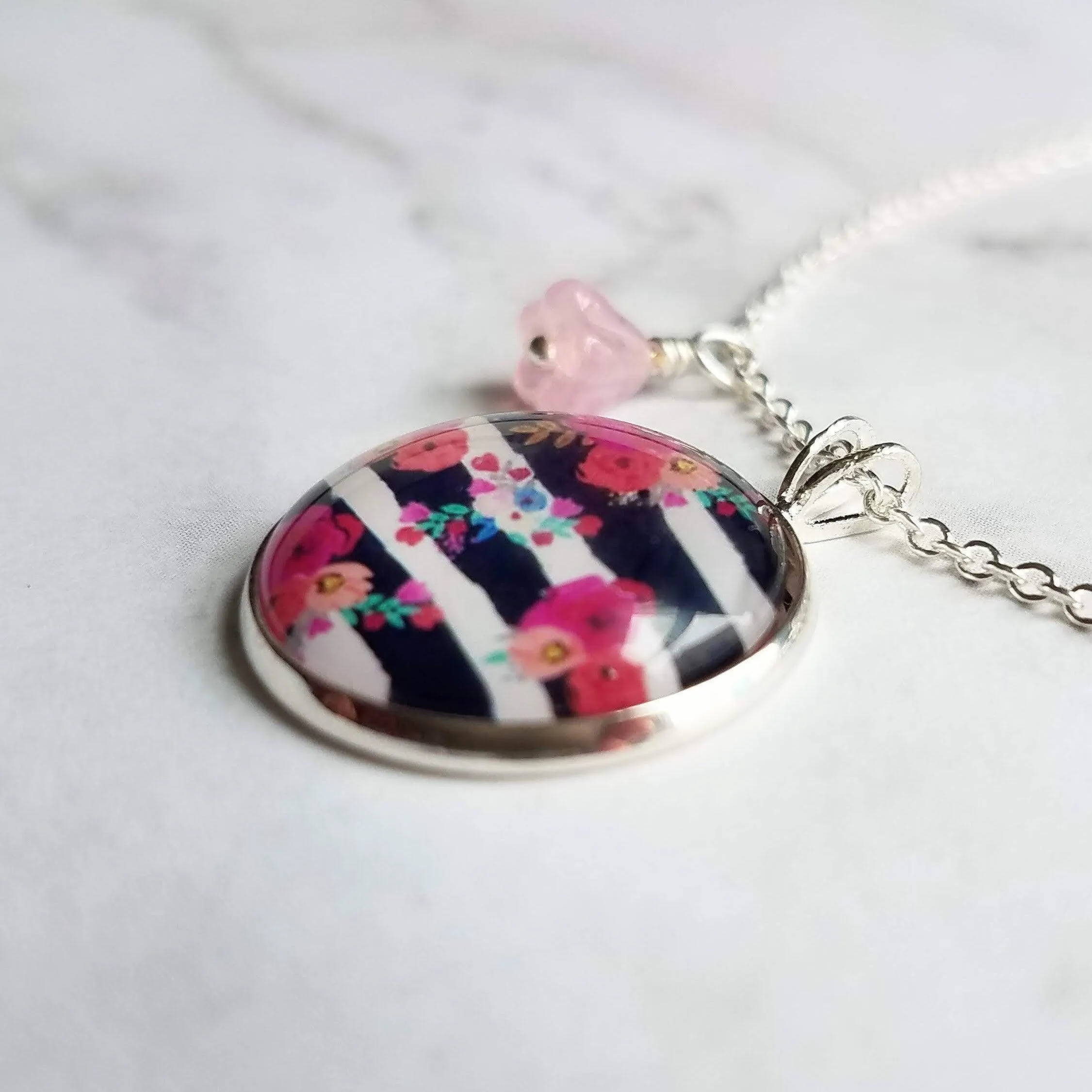 Navy White Stripe Necklace - floral overlay round 1 inch pendant/baby pink glass flower charm - thin silver chain - tween/teen girl gift
