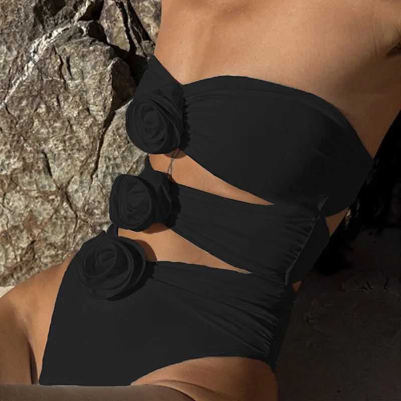 Off-shoulder one-piece flower swimsuit