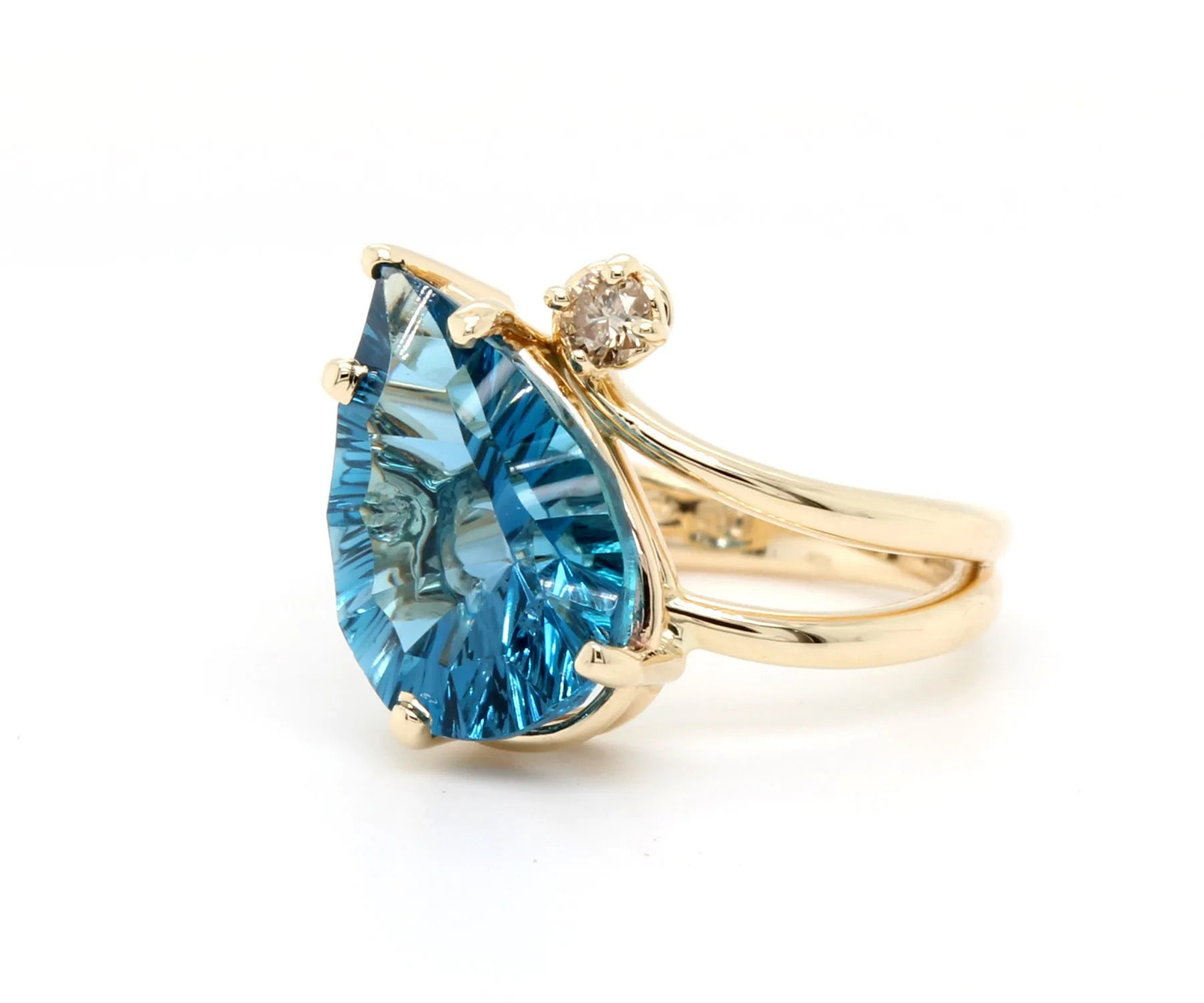 Offset Curved London Blue Topaz Diamond Gold Ring