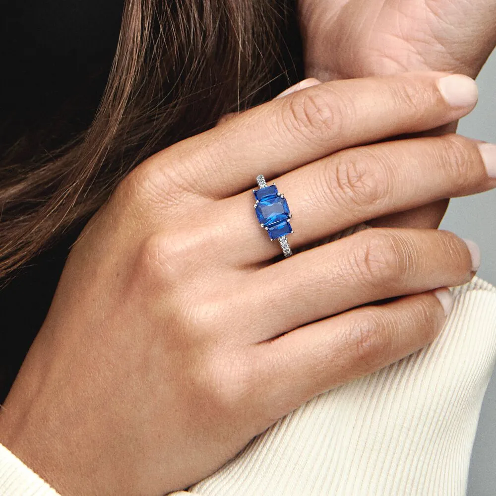 Pandora Blue Rectangular Three Stone Sparkling Ring