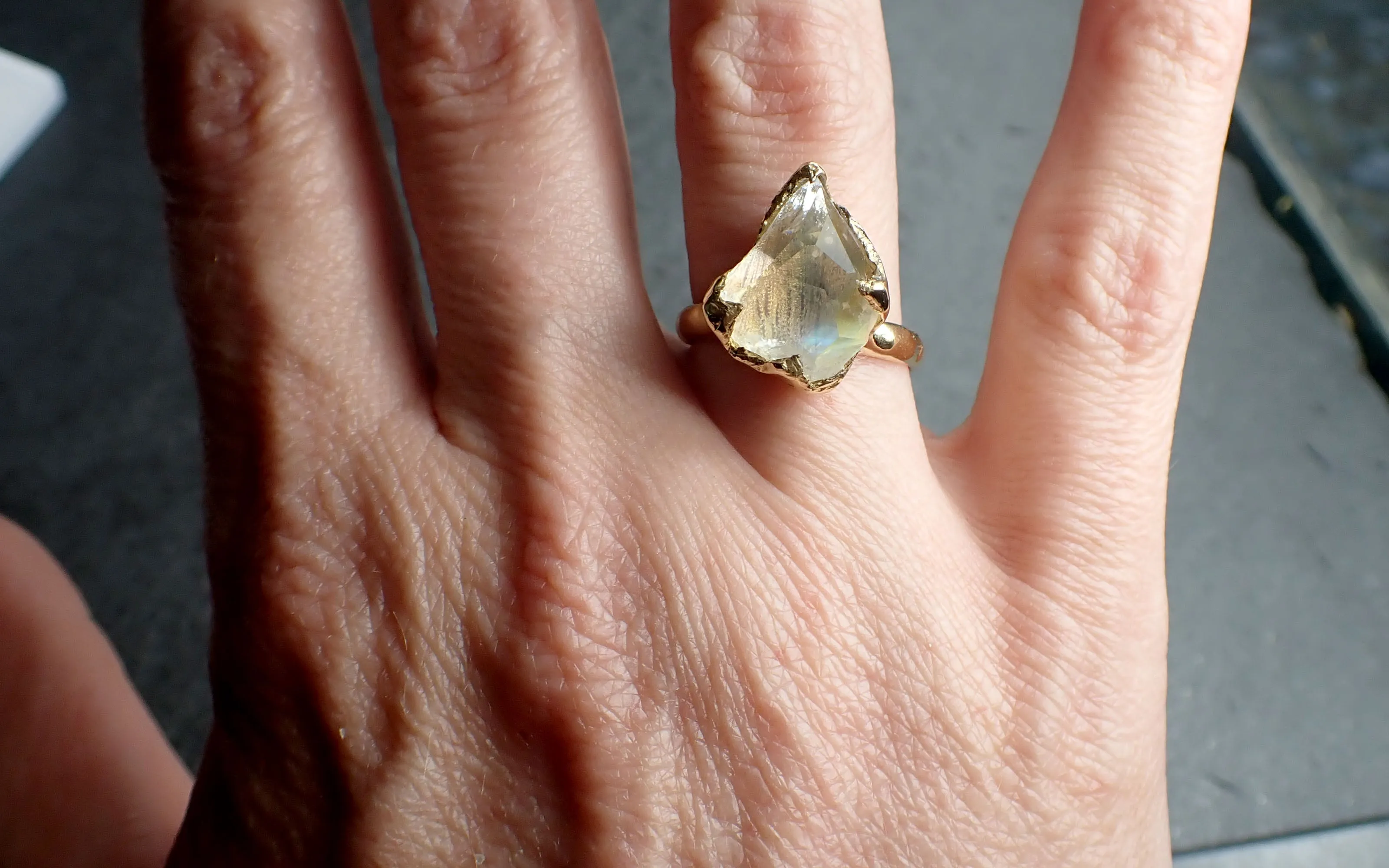 partially faceted moonstone yellow gold ring gemstone solitaire recycled 18k statement 2525 Alternative Engagement