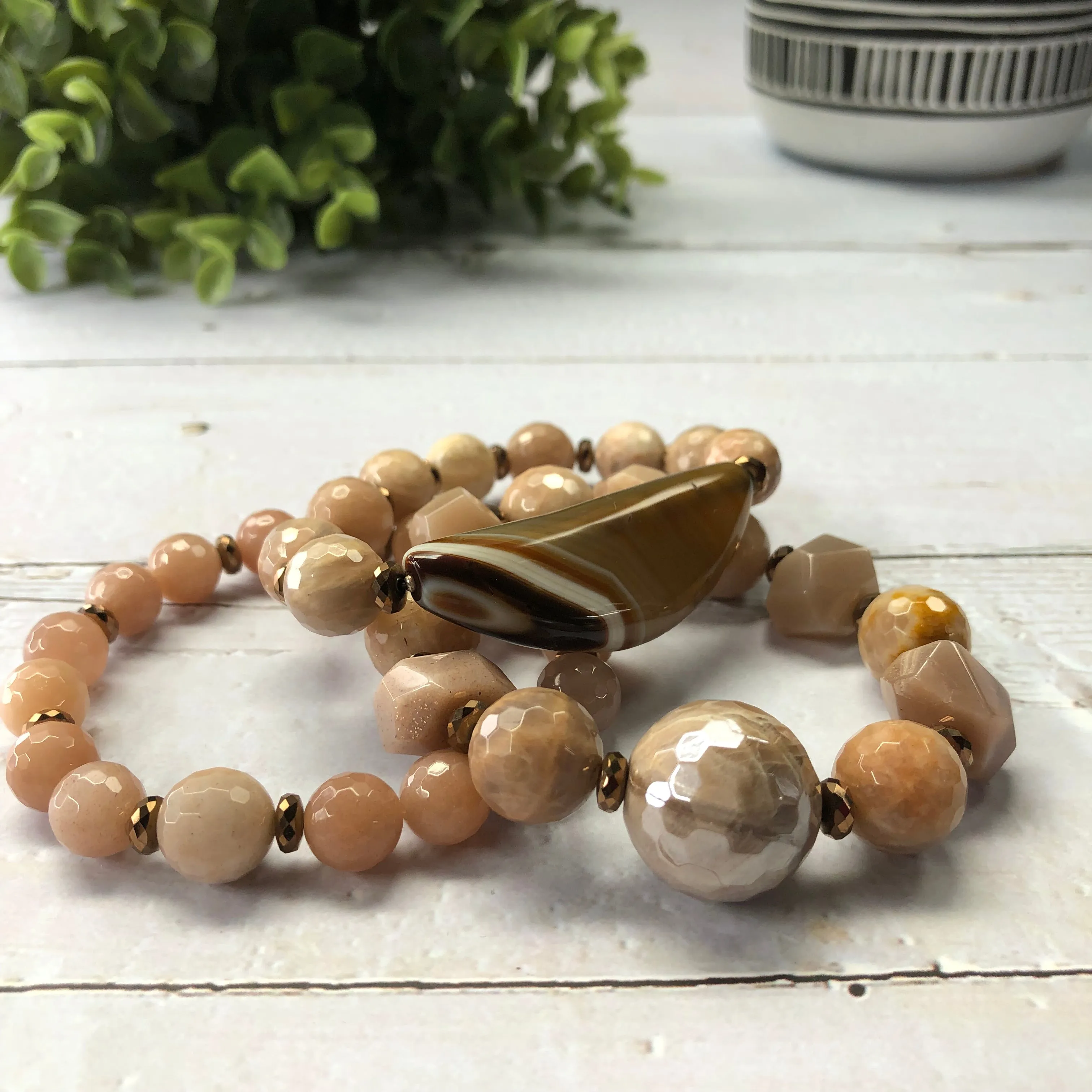 Peach Moonstone and Hematite 3-pc. Bracelet Set - “Chocolate Peach”