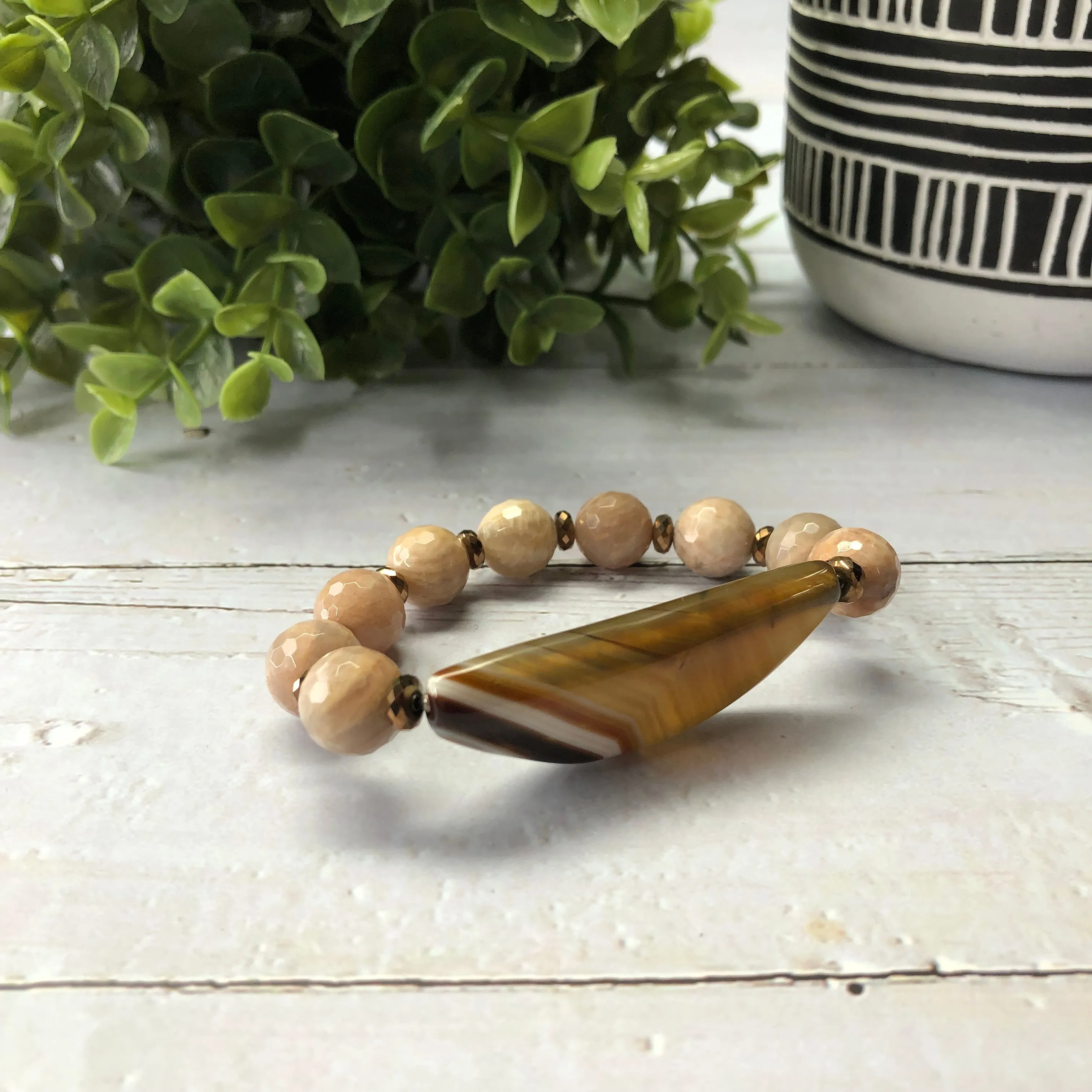 Peach Moonstone and Hematite 3-pc. Bracelet Set - “Chocolate Peach”