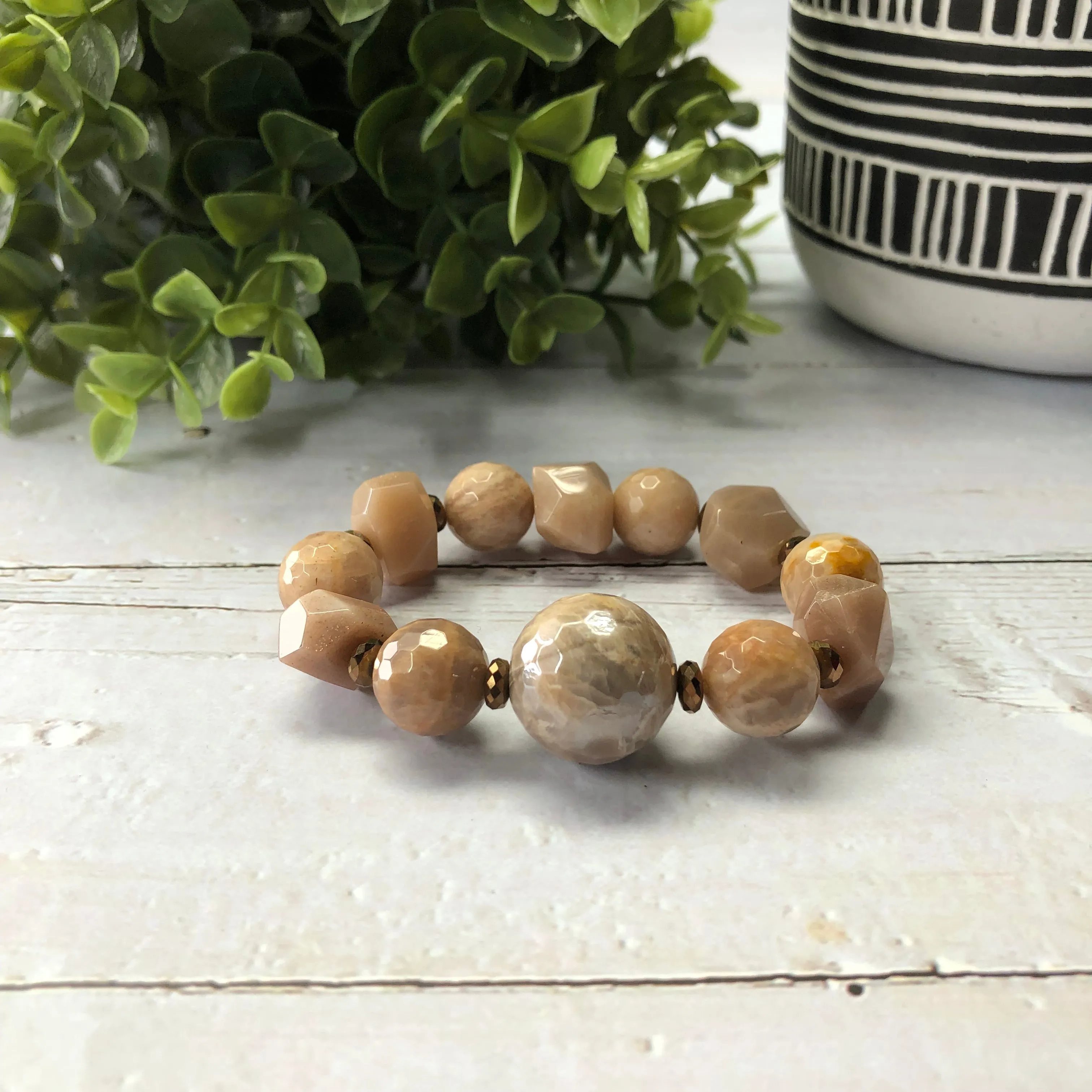 Peach Moonstone and Hematite 3-pc. Bracelet Set - “Chocolate Peach”