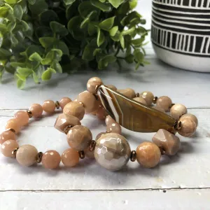 Peach Moonstone and Hematite 3-pc. Bracelet Set - “Chocolate Peach”