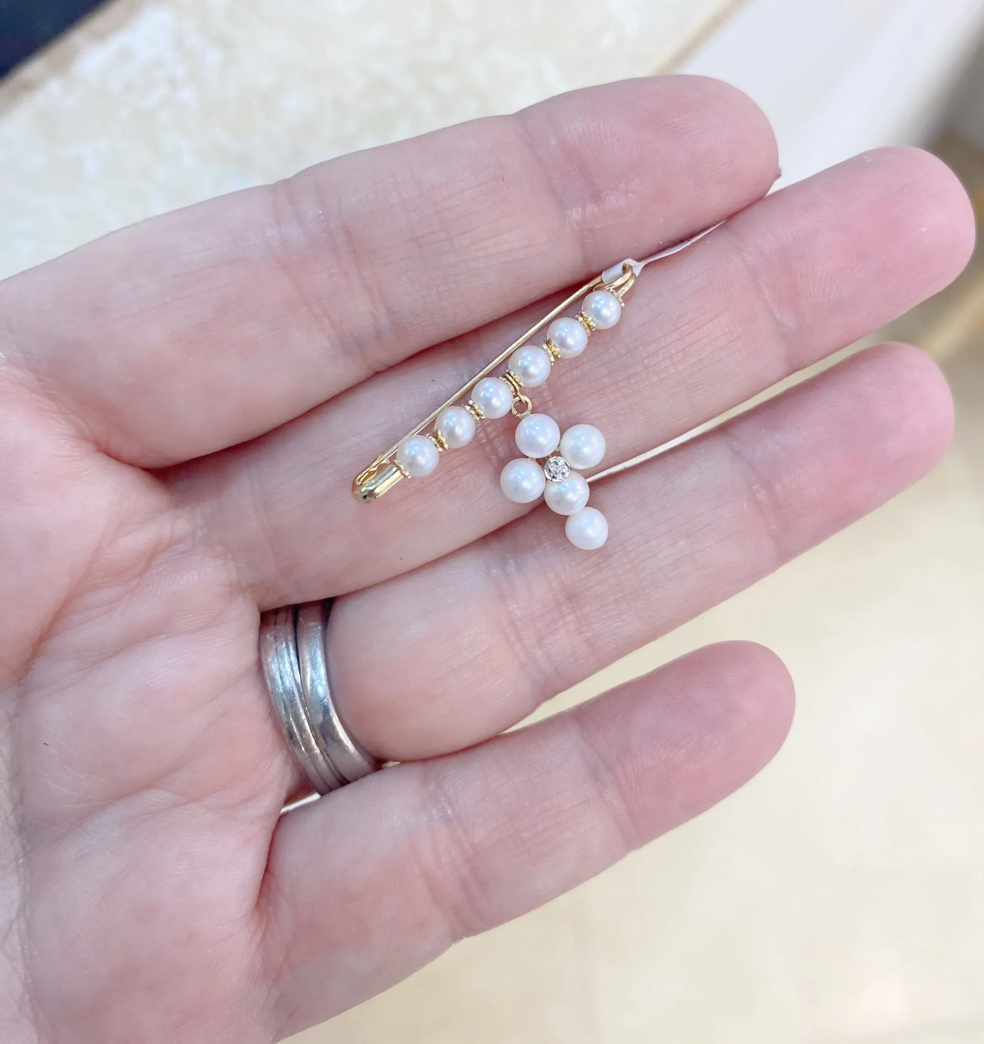 Pearl Cross with Diamond on Pearl Baby Pin