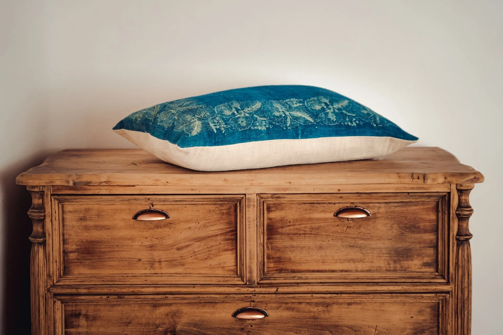 Pillow: Handwoven antique Hungarian hemp, wax resist Indigo - P296
