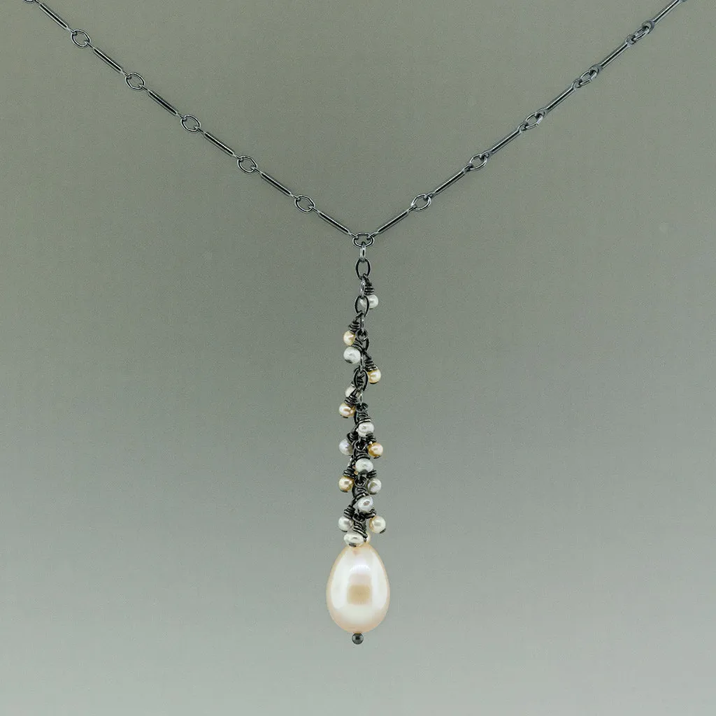 Pink Pearl on Black Drop Necklace