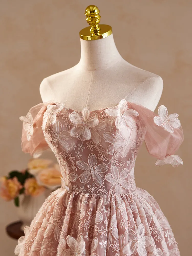 Pink Vintage Off the Shoulder Flower Appliques Homecoming Dress